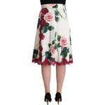 Dolce & Gabbana White Rose Print High Waist Midi A-line Skirt SKI1806 - 36