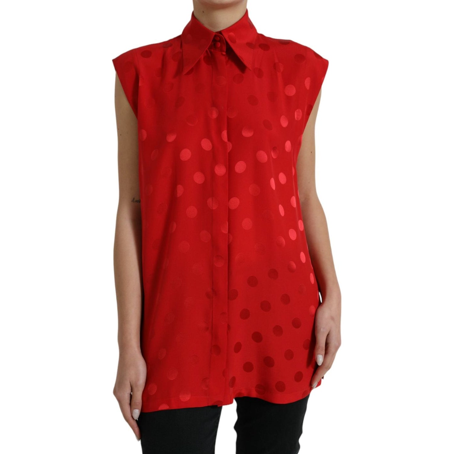 Dolce & Gabbana Red Polka Dot Sleeveless Collared Blouse Top TSH84294-40