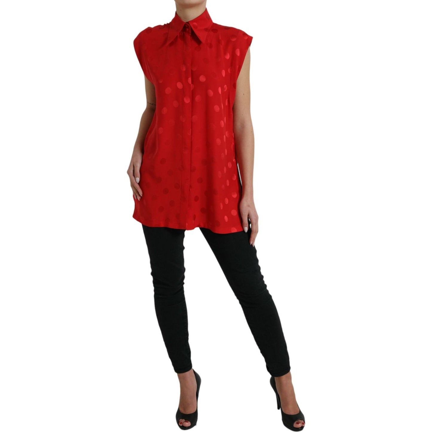 Dolce & Gabbana Red Polka Dot Sleeveless Collared Blouse Top TSH84294-40
