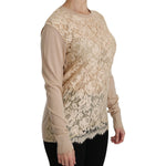 Dolce & Gabbana Elegant Beige Lace Crew Neck Cashmere Blouse Dolce & Gabbana Rosy Brown