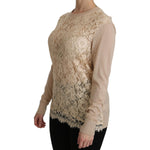 Dolce & Gabbana Elegant Beige Lace Crew Neck Cashmere Blouse Dolce & Gabbana Rosy Brown