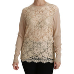 Dolce & Gabbana Elegant Beige Lace Crew Neck Cashmere Blouse Dolce & Gabbana Rosy Brown