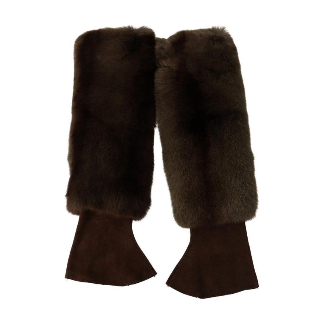 Dolce Gabbana elbow length fingerless gloves in brown fur and leather, elegant and authentic craftsmanship.