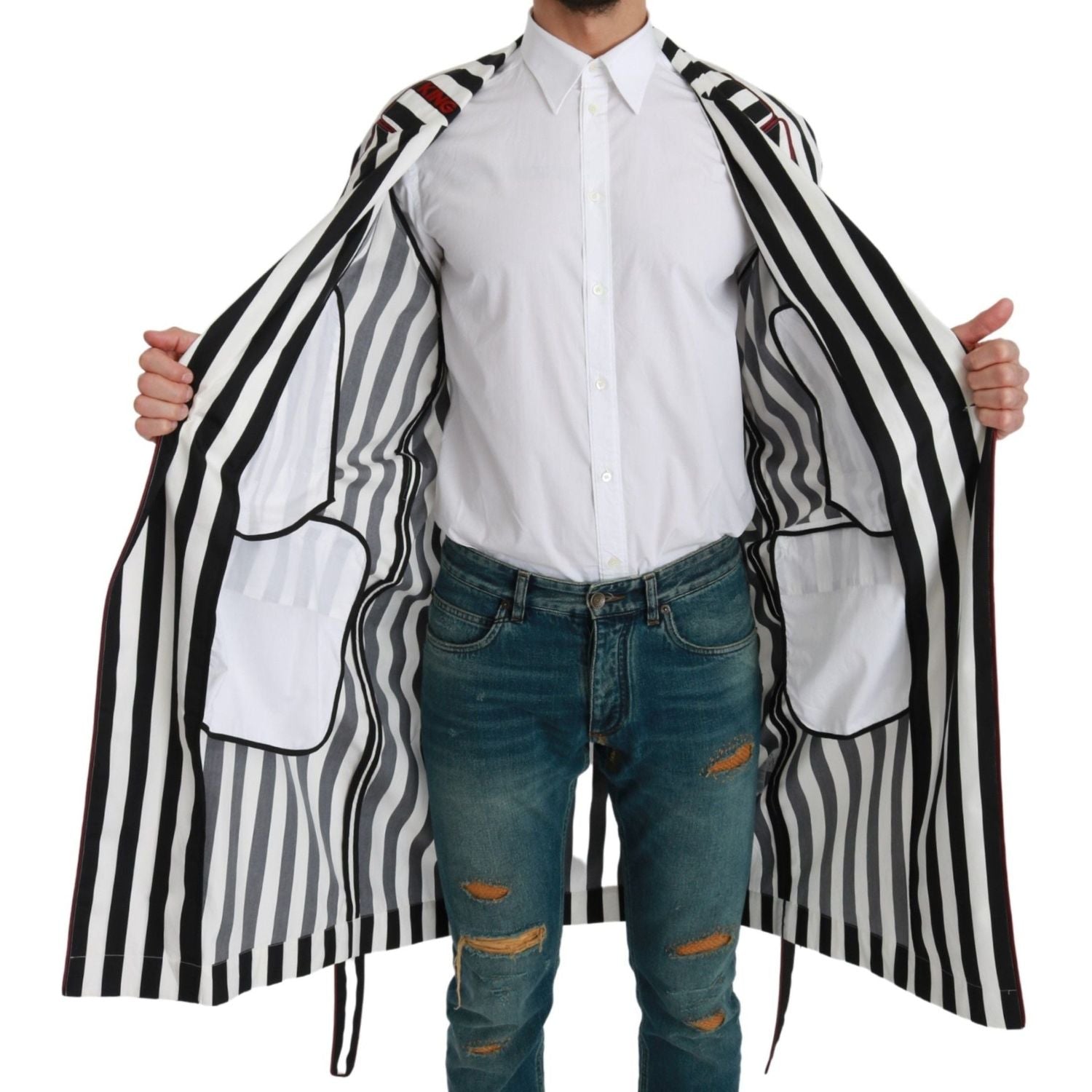 Dolce & Gabbana Black Coat Nightgown  White Cotton Robe