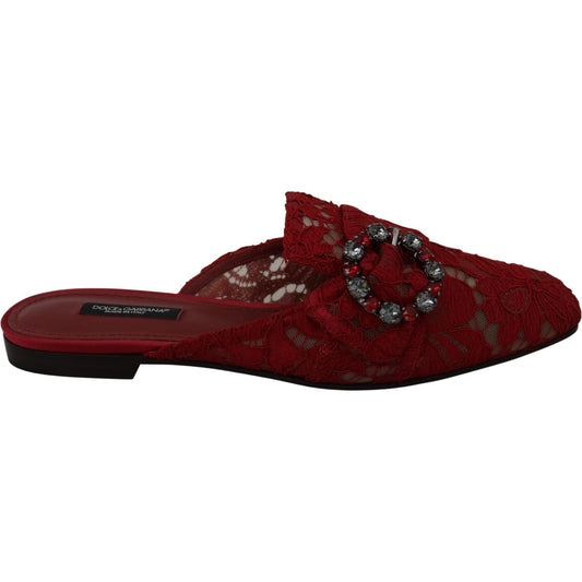 Dolce & Gabbana Red Lace Crystal Slide On Flats Shoes Dolce & Gabbana