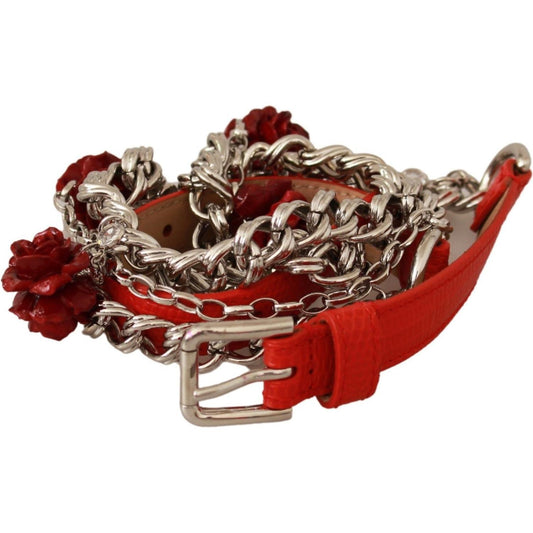 Dolce & Gabbana Red Leather Roses Floral Silver Waist Belt