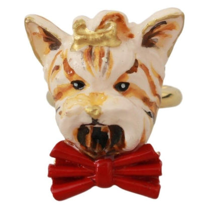 Dolce & Gabbana Gold Brass Resin Beige Dog Pet Branded Accessory Ring Dolce & Gabbana