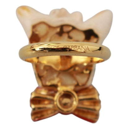 Dolce & Gabbana Gold Brass Resin Beige Dog Pet Branded Accessory Ring Dolce & Gabbana