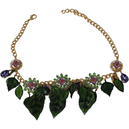 Dolce & Gabbana Green Leaves Gold Brass Crystal Flower Pendant Necklace Necklace
