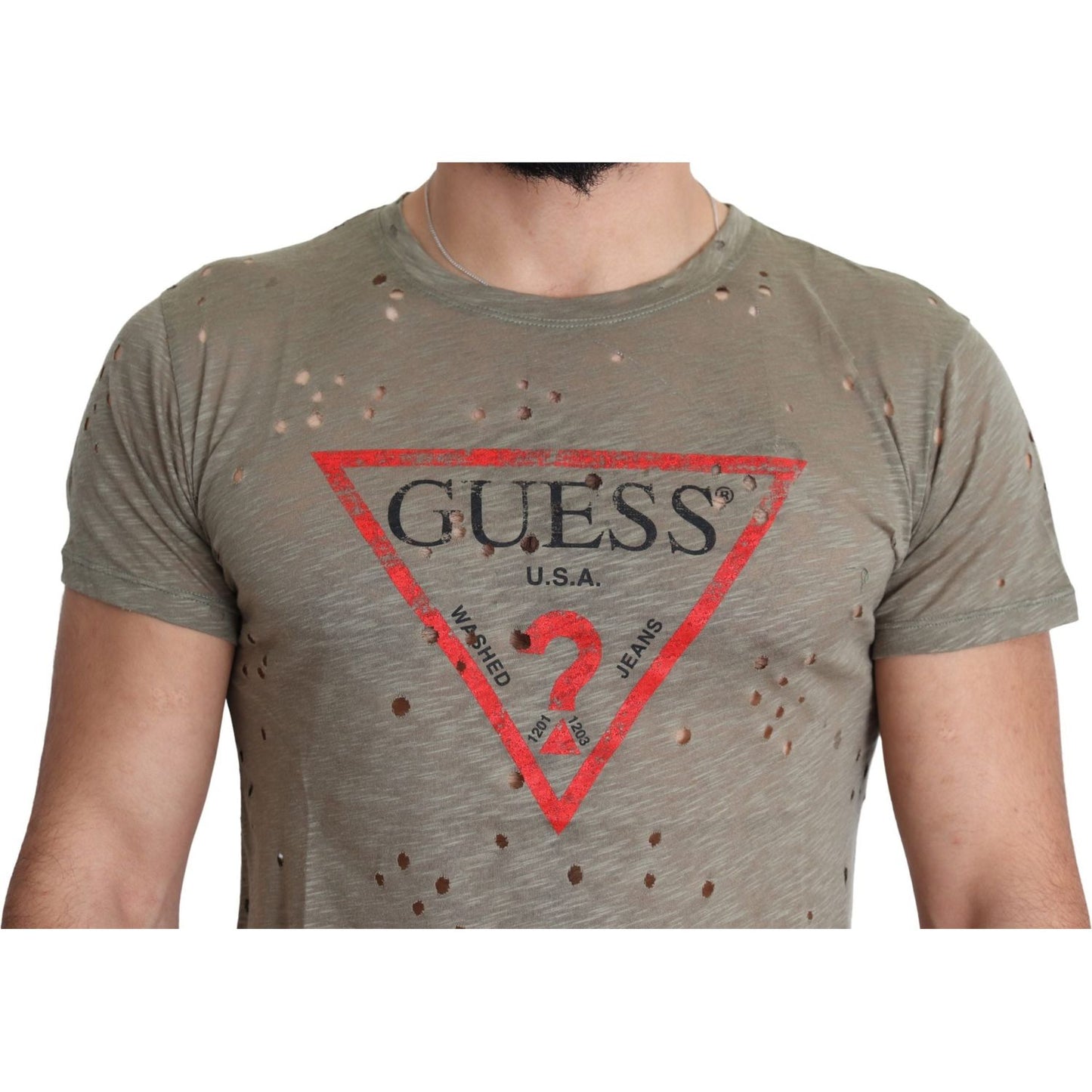 Guess Brown Cotton Stretch Logo Print Men Casual Perforated T-shirt