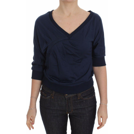Exte Blue Cotton Top Pullover Deep V-neck Women Sweater DRE10077-40