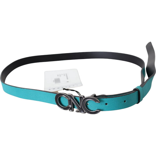 Costume National Blue Green Leather Logo Silver Buckle Belt BEL8116-85