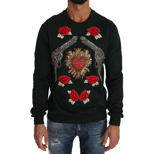 Dolce & Gabbana Green Crystal Heart Roses Gun Sweater Dolce & Gabbana