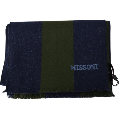 Missoni Green Striped Wool Unisex Neck Wrap Shawl Blue