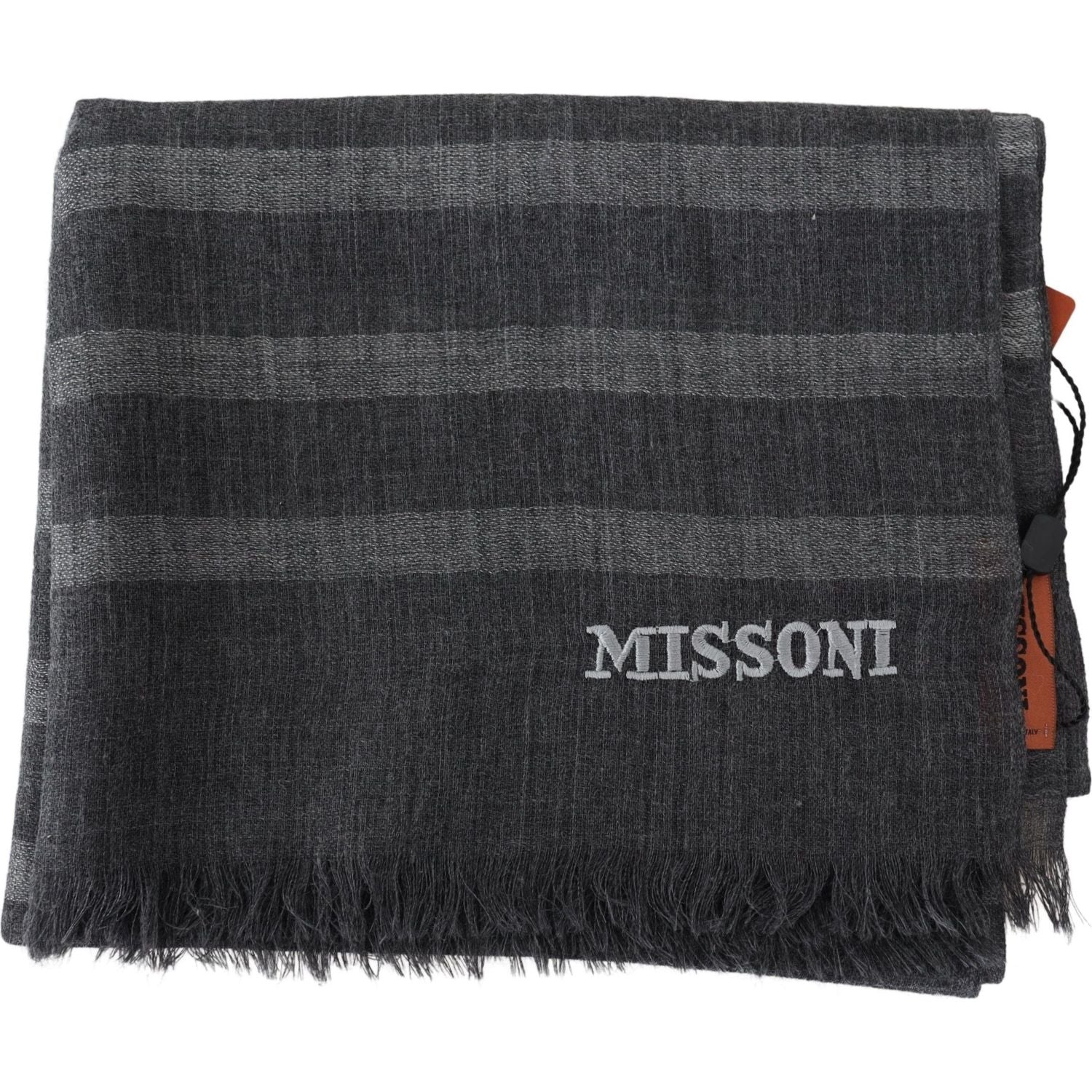 Missoni Gray Striped Wool Unisex Neck Wrap Fringes Scarf