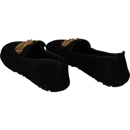 Dolce & Gabbana Black Leather Crystal Gold Crown Loafers Shoes