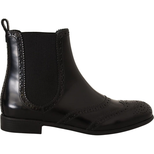 Dolce & Gabbana Black Leather Ankle High Flat Boots Shoes Dolce & Gabbana