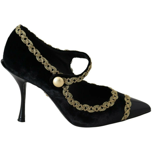 Dolce & Gabbana Black Embellished Velvet Mary Jane Pumps Shoes Dolce & Gabbana