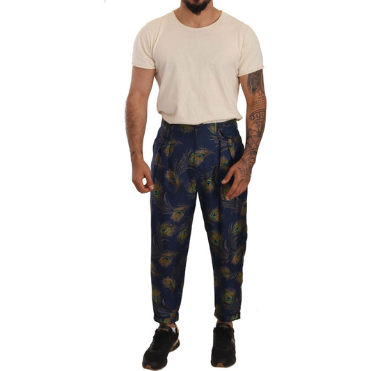 Dolce & Gabbana Blue Peacock Print Tapered Trousers Silk Pants MAN TROUSERS