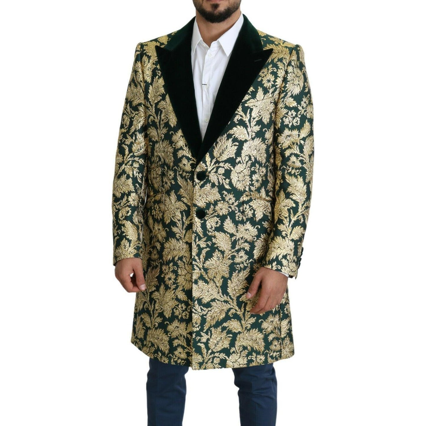 Dolce & Gabbana DOLCE & GABBANA Jacket SICILIA Green Gold Jacquard Long Coat JKT2724- 52