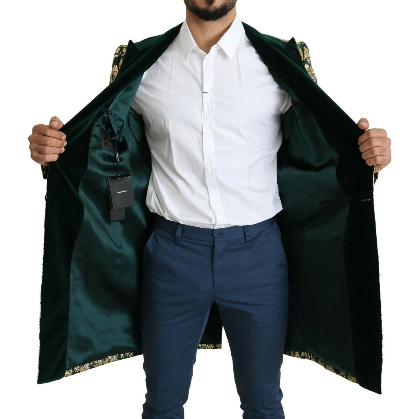 Dolce & Gabbana DOLCE & GABBANA Jacket SICILIA Green Gold Jacquard Long Coat JKT2724- 52