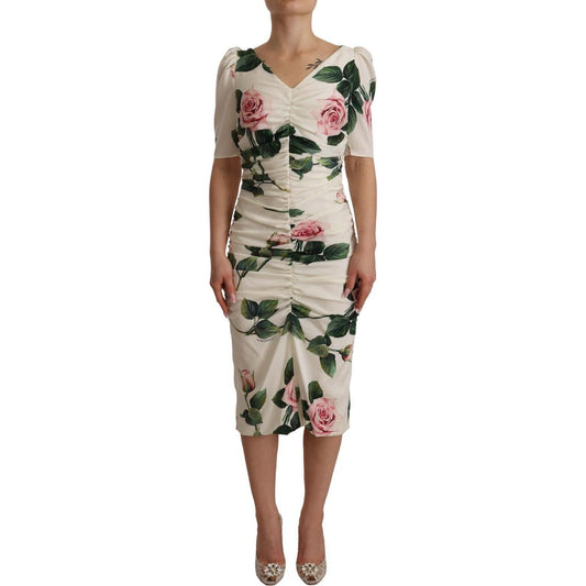 Dolce & Gabbana White Roses Print Stretch Silk Pleated Dress DR28258 - 38