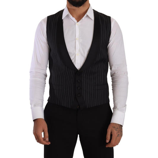 Dolce & Gabbana Dark Gray Striped Wool Silk Waistcoat Vest