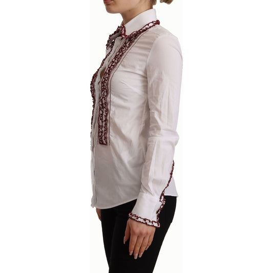Dolce & Gabbana White Cotton Lace Long Sleeves Ruffle Collar Top Shirt TSH7463 - 36