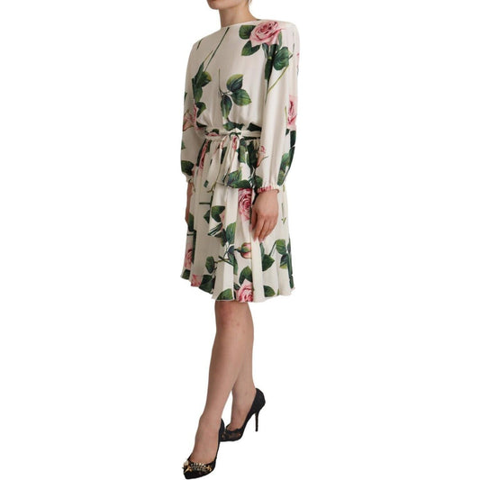 Dolce & Gabbana White Rose Print Long Sleeves A-line Dress DR28649 - 38