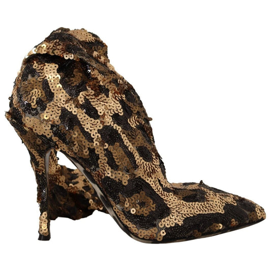 Dolce & Gabbana Gold Leopard Sequins Heels Boots Shoes LA9725 - 39.5