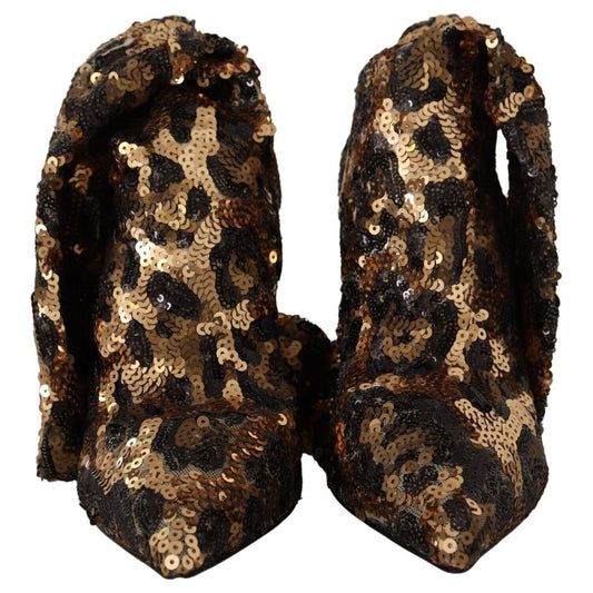 Dolce & Gabbana Gold Leopard Sequins Heels Boots Shoes LA9725 - 39.5