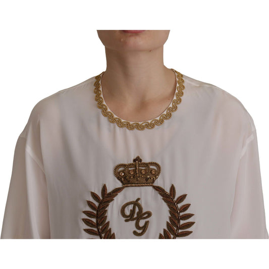 Dolce & Gabbana White Silk Gold DG Crown Crystal Blouse Top TSH7844- 36