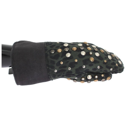 Dolce & Gabbana Gray Wool Shearling Studded Green Leopard Gloves Dolce & Gabbana
