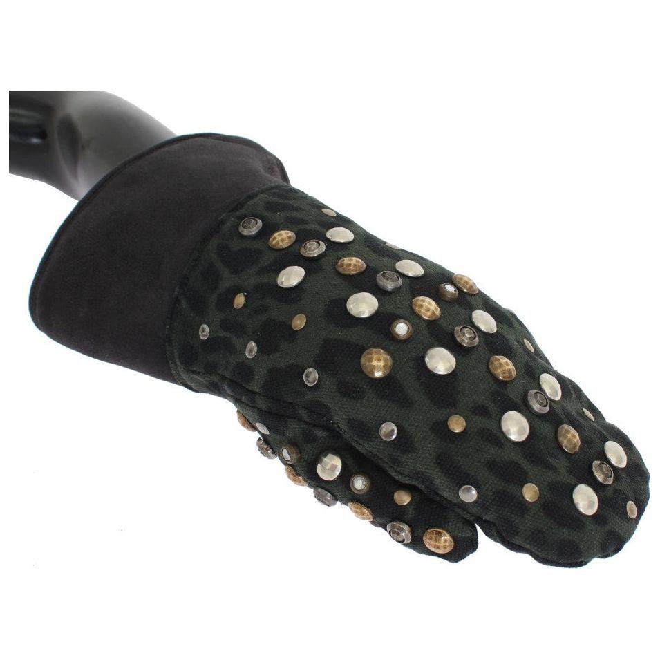 Dolce & Gabbana Gray Wool Shearling Studded Green Leopard Gloves Dolce & Gabbana