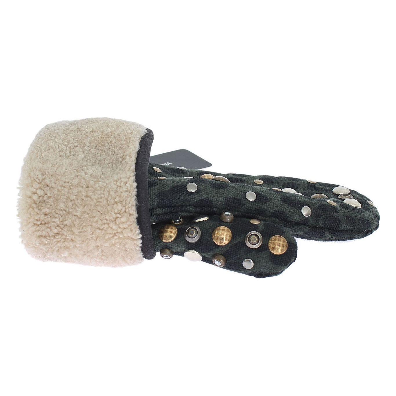 Dolce & Gabbana Gray Wool Shearling Studded Green Leopard Gloves Dolce & Gabbana