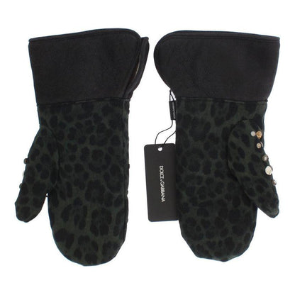 Dolce & Gabbana Gray Wool Shearling Studded Green Leopard Gloves Dolce & Gabbana