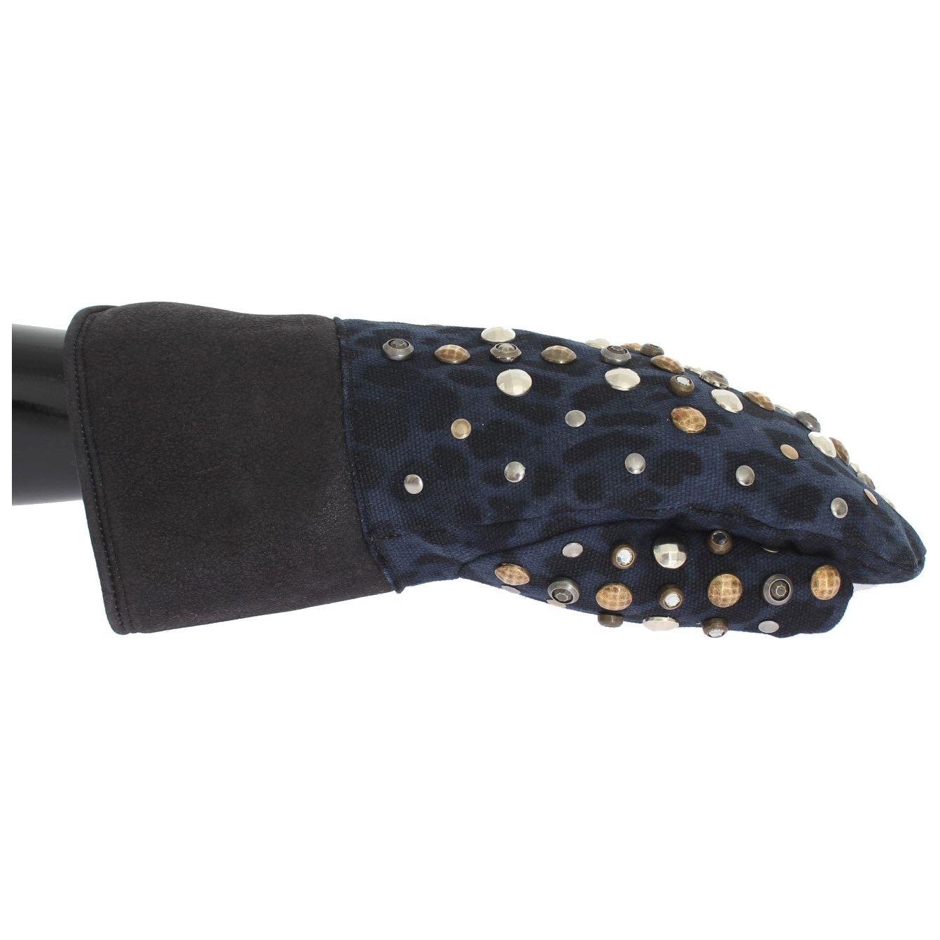 Dolce & Gabbana Gray Wool Shearling Studded Blue Leopard Gloves Dolce & Gabbana