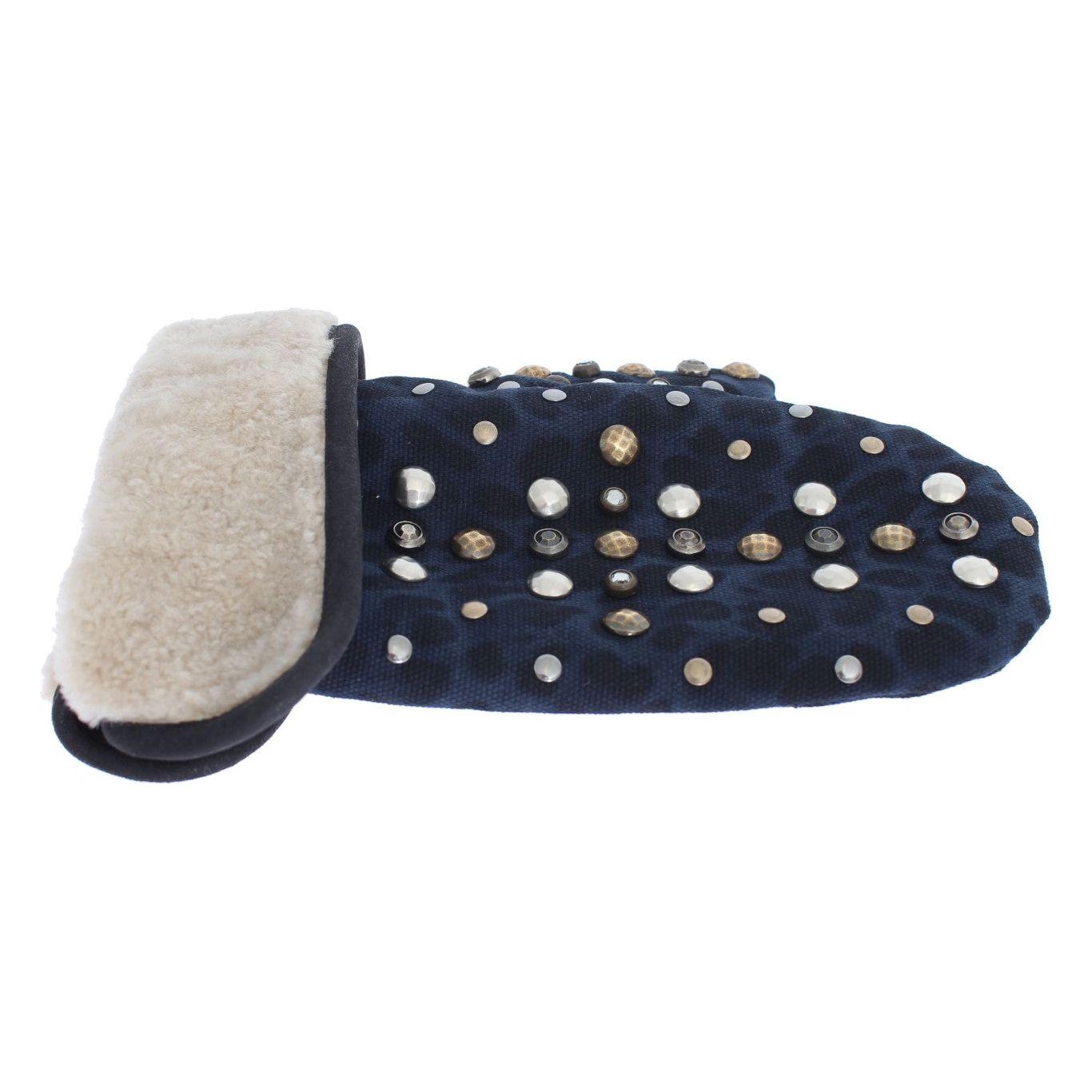 Dolce & Gabbana Gray Wool Shearling Studded Blue Leopard Gloves Dolce & Gabbana
