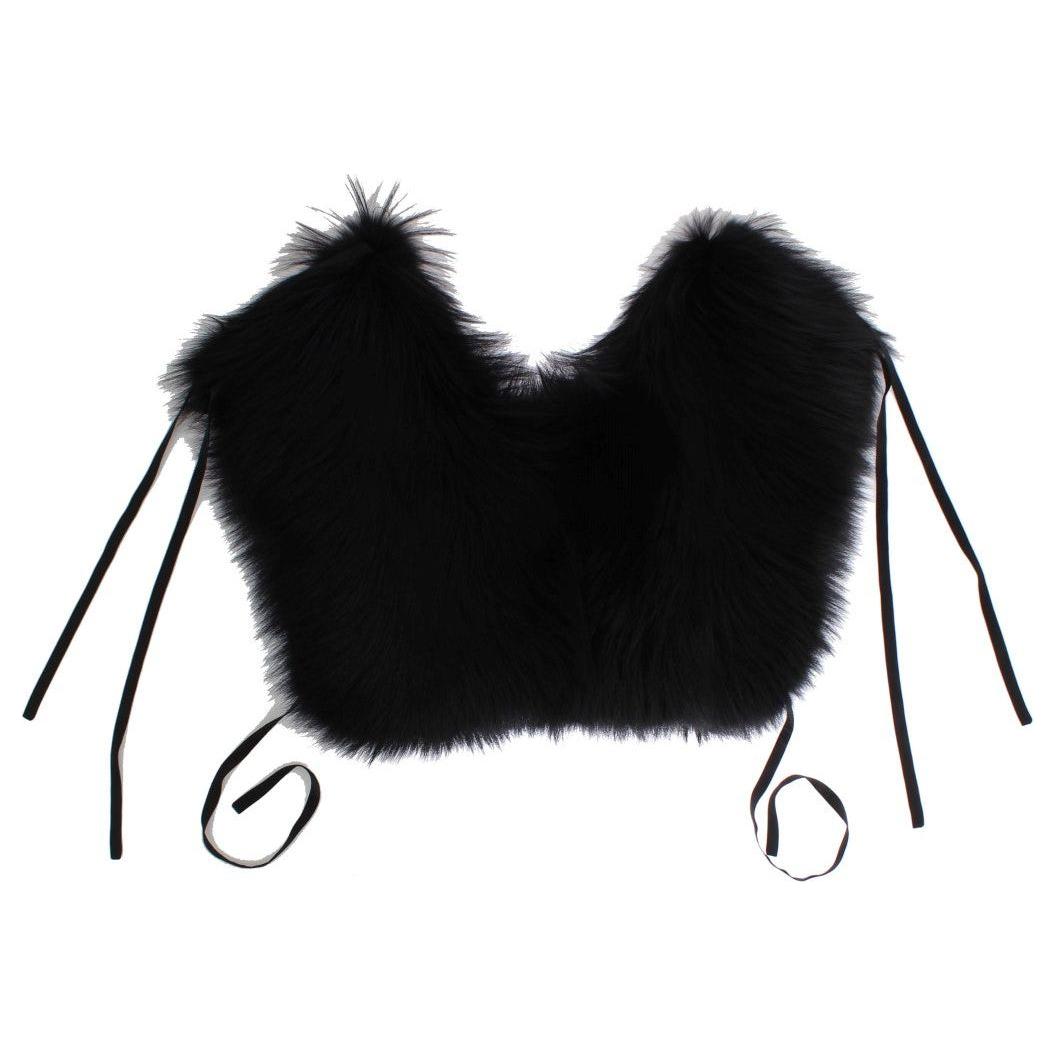 Dolce & Gabbana black fox fur shoulder wrap elegantly displayed, featuring soft black fur and silk straps.
