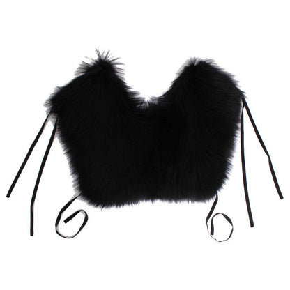 Dolce & Gabbana black fox fur shoulder wrap elegantly displayed, featuring soft black fur and silk straps.