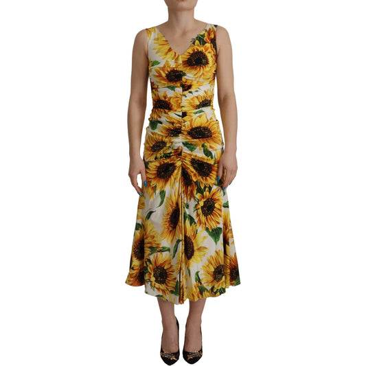 Dolce & Gabbana White Sunflower Print Sheath Midi Silk DR28741 - 36