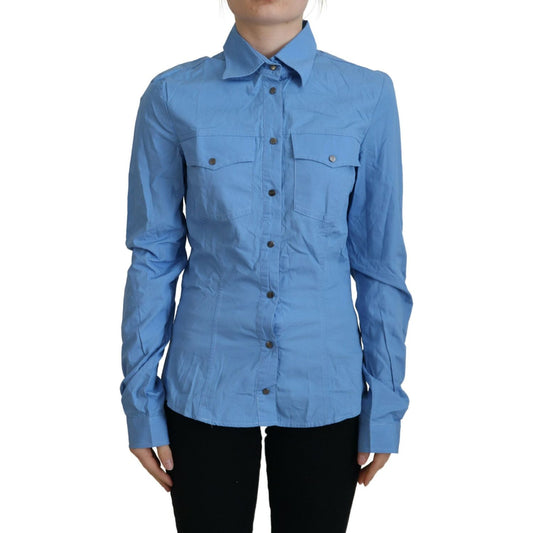 Ferre Blue Cotton Long Sleeves Collared Button Down Top TSH83359- 38