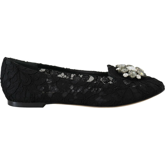 Dolce & Gabbana Black Taormina Lace Crystals Flats Shoes Dolce & Gabbana