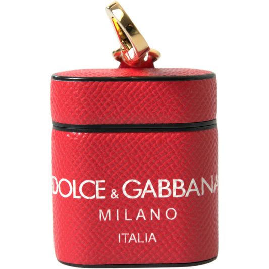 Dolce & Gabbana Red Leather Gold Tone Metal Logo Print Airpods Case