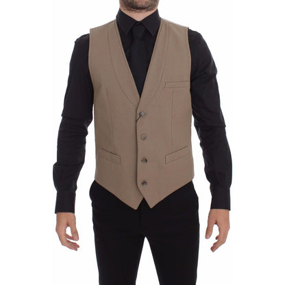 Dolce & Gabbana Beige Cotton Slim Fit Button Front Dress Vest