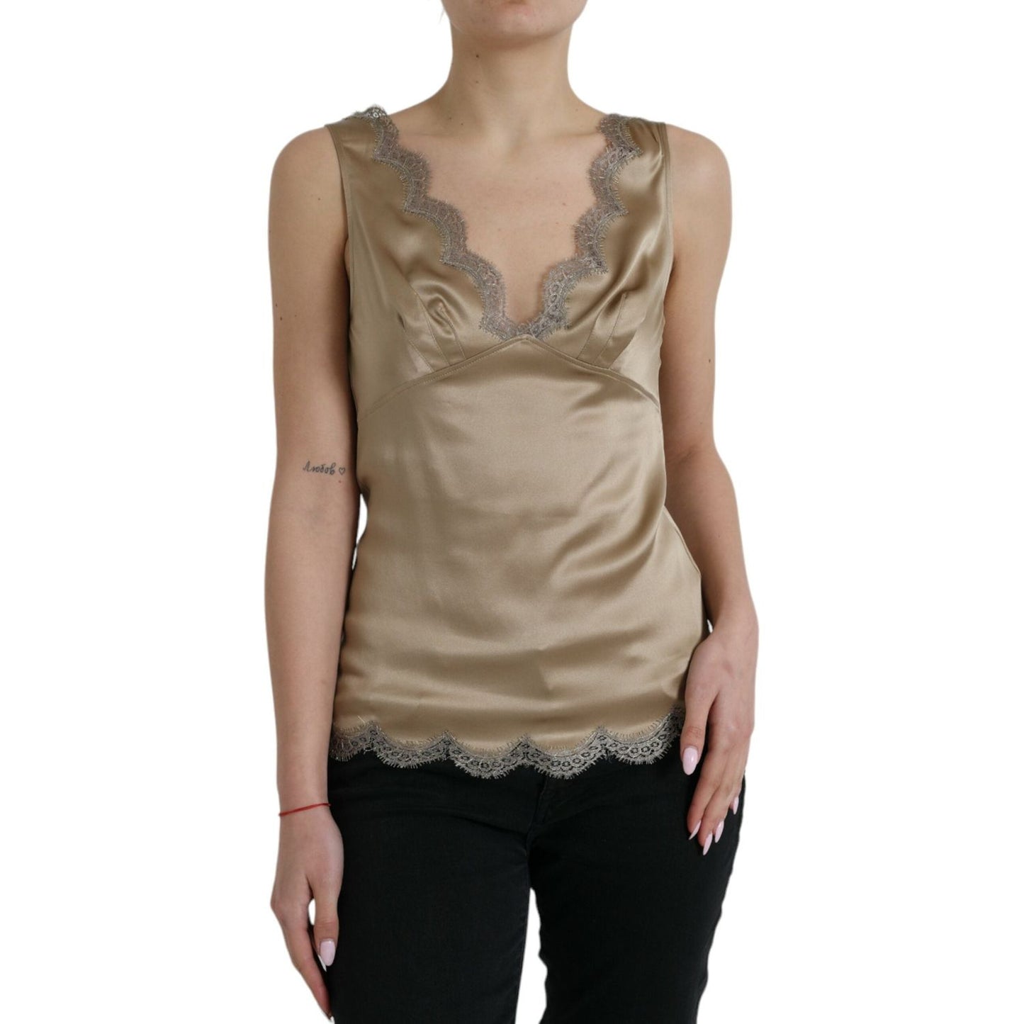 Dolce & Gabbana Brown Lace Trim V-neck Sleeveless Tank Top