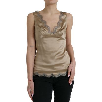 Dolce & Gabbana Brown Lace Trim V-neck Sleeveless Tank Top