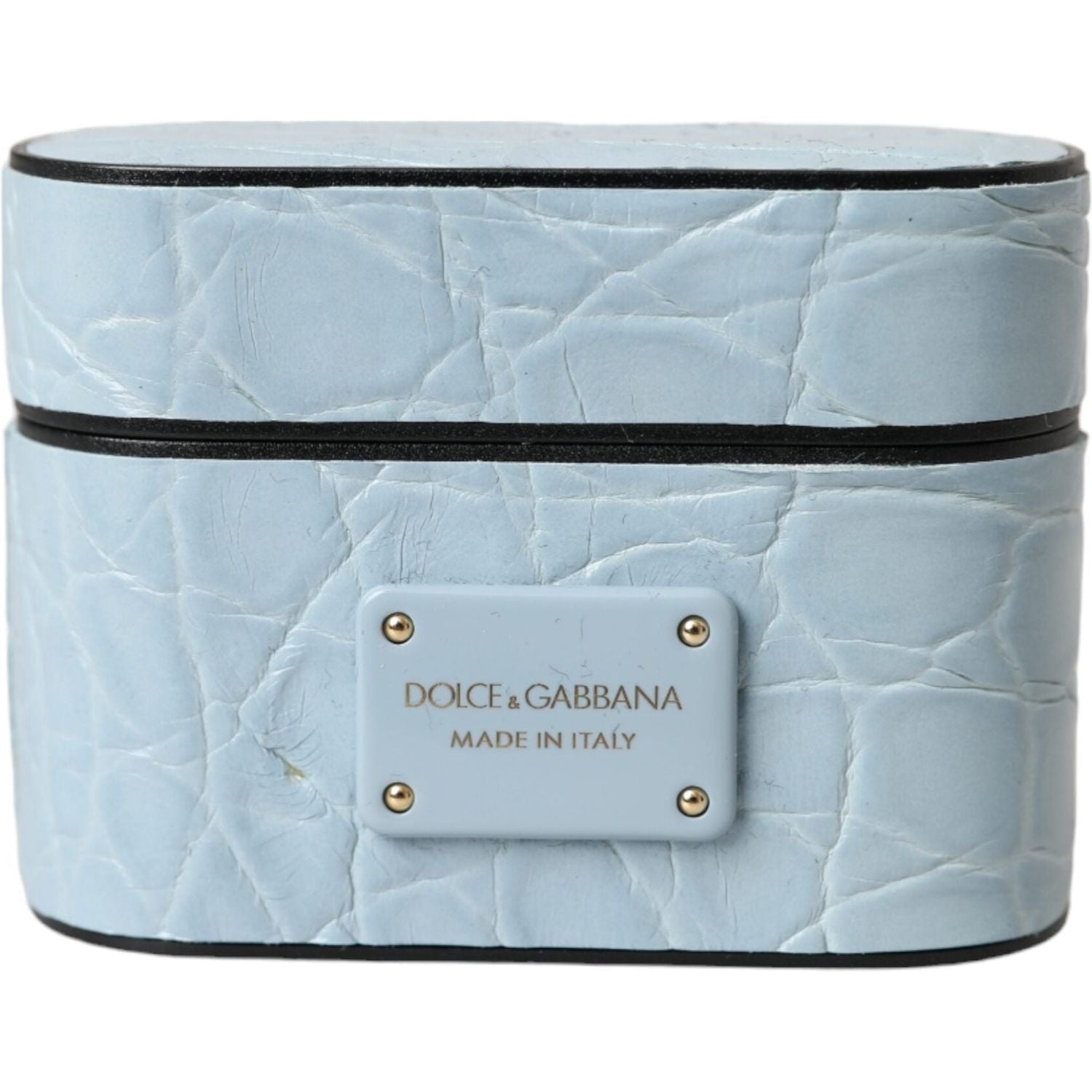 حافظة سماعات Airpods من Dolce &amp; Gabbana مصنوعة من الجلد باللون الأزرق الفاتح ومزينة بشعار معدني