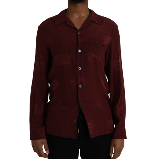 Dolce & Gabbana Maroon Crown Jacquard Silk Long Sleeve Shirt