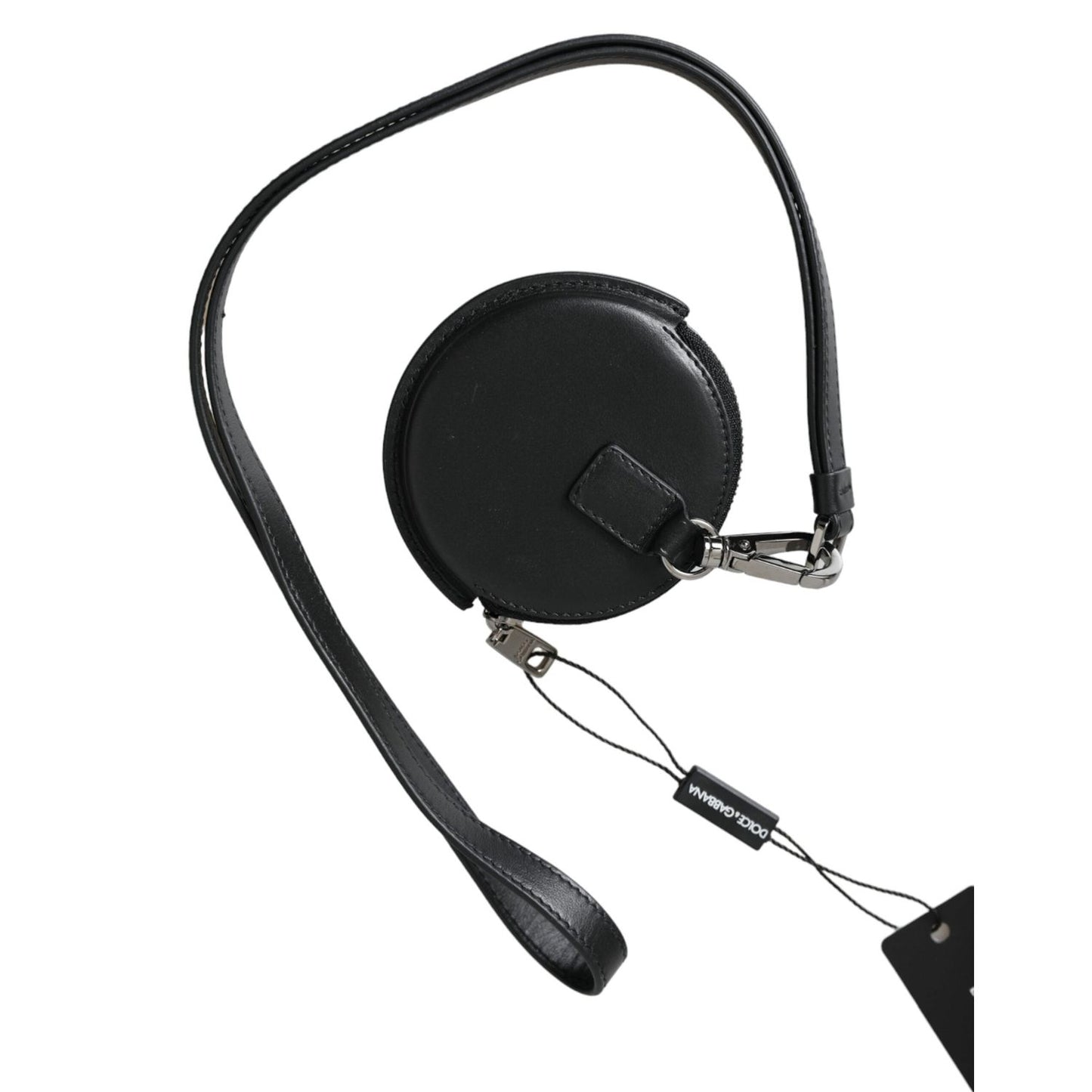 Dolce & Gabbana Black Round Leather DG Logo Coin Purse Lanyard Wallet